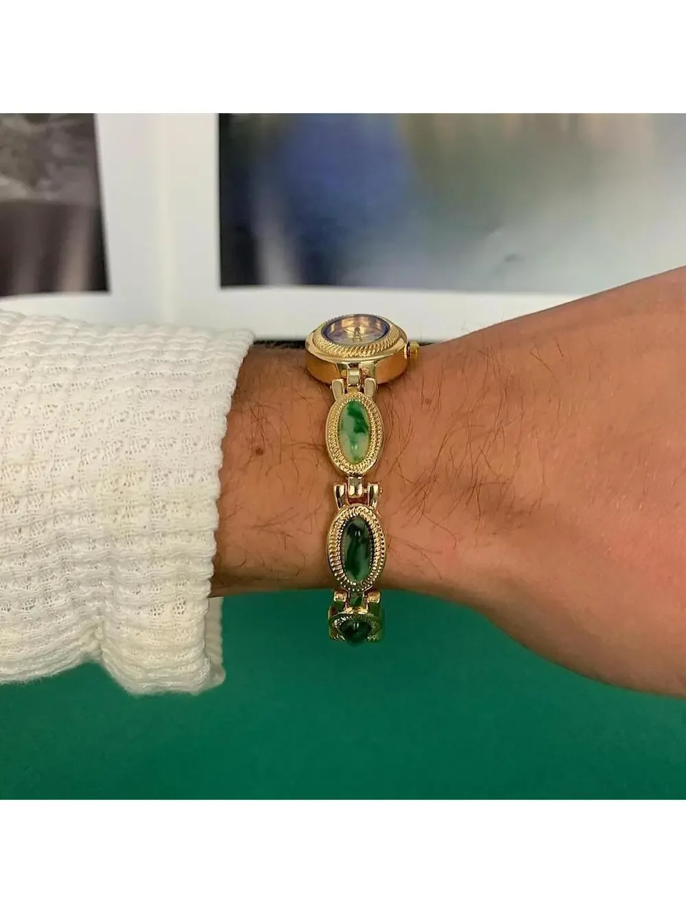 Y2K Gold Green Dainty Quartz Opal Jade Watch 8 Inch Unisex